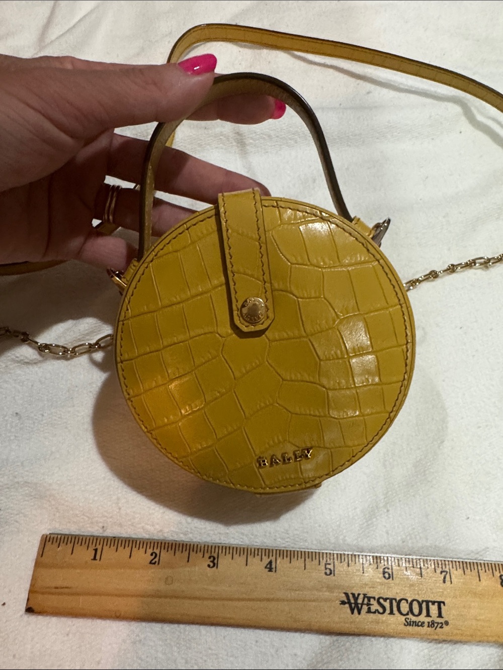 Bally Mustard Yellow Croc-Embossed Round Mini Crossbody